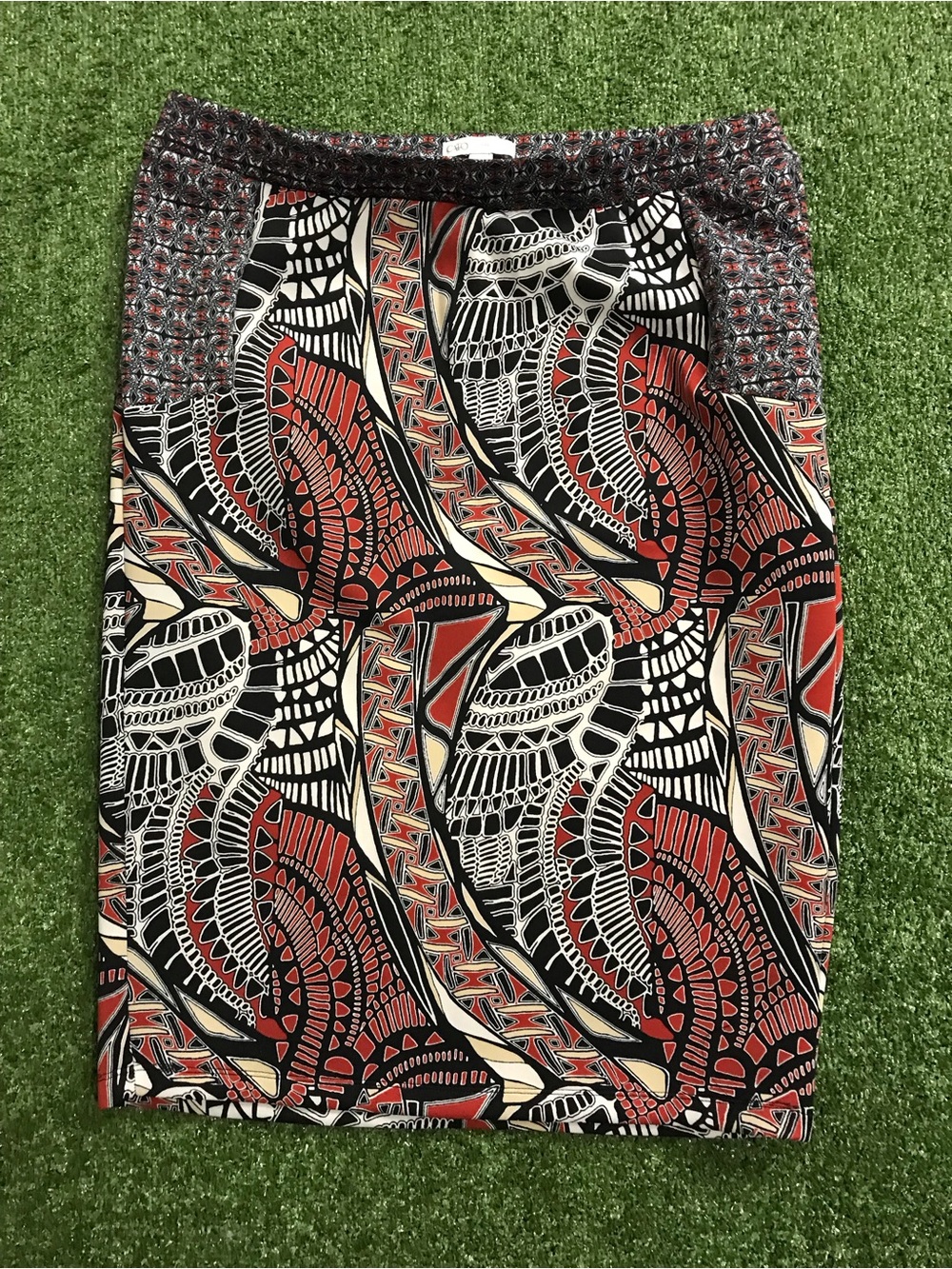 Cato Red Black Cream Tribal-Print Pencil Skirt